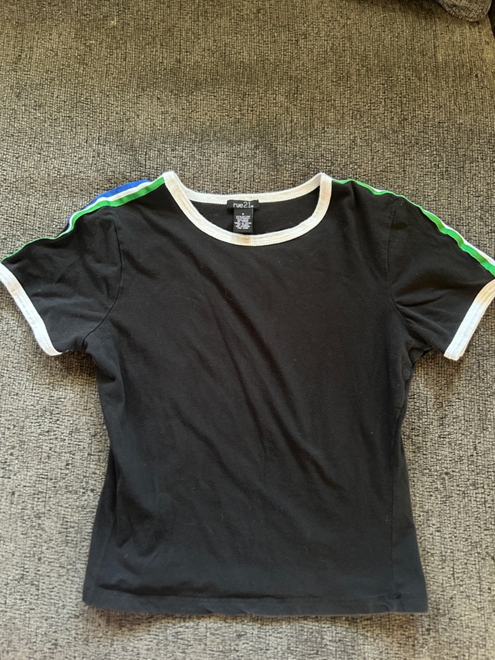 rue21 Black Cropped Tee with Green & Blue Shoulder Stripes